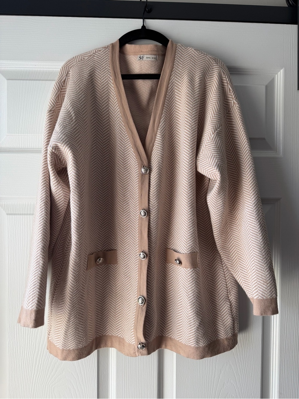 SMF Button-Front Herringbone Cardigan Sweater in Tan XL